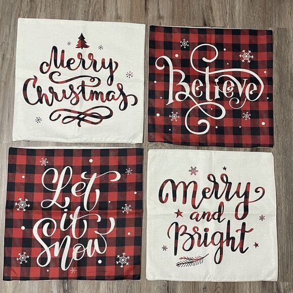 4 x Christmas Pillow Cover Merry Christmas, Believe, Let It Snow, Merry & Bright - Picture 1 of 15